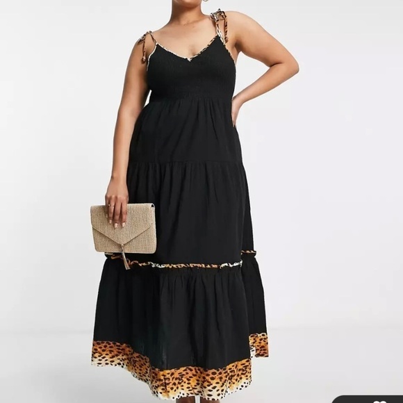 River Island shirred cami midi dress animal print trim black NWT - Picture 3 of 5